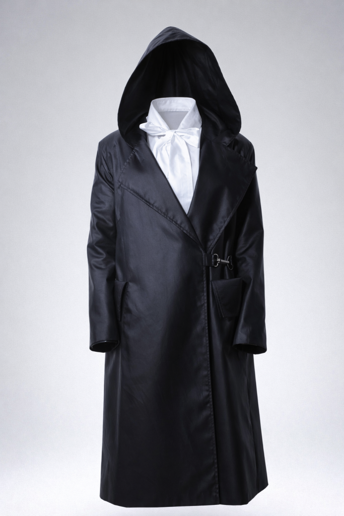Designer black waterproof trench coat with oversized hood, asymmetric front, side buckle fastening, and contrasting white lining on a light grey studio background.