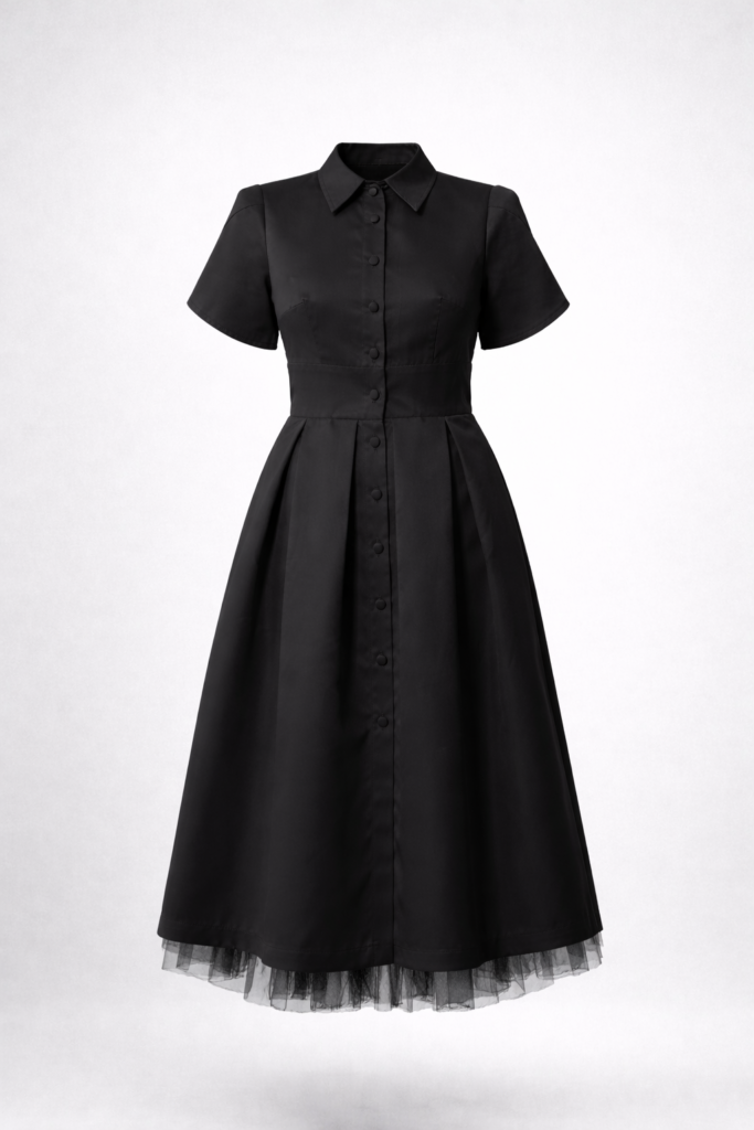 Black Midi Dress with Open Back and Removable Tulle Skirt