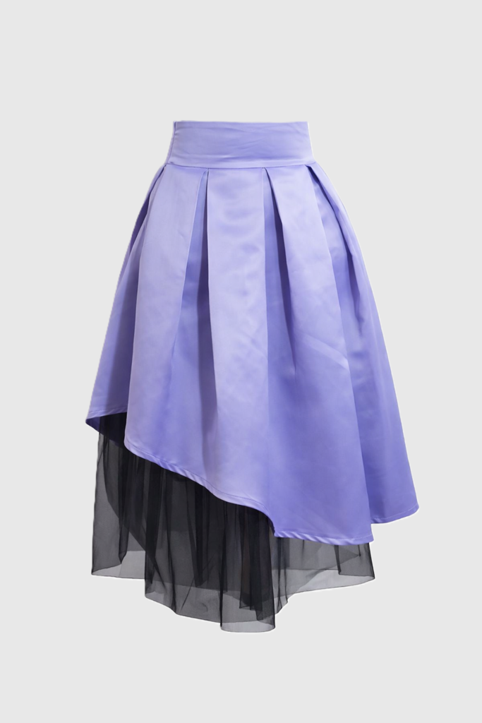 Lavender Satin Taffeta Skirt with Asymmetrical Hem and Black Tull