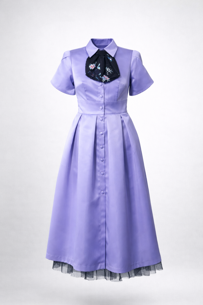 Lavender open back midi dress with detachable jabot by