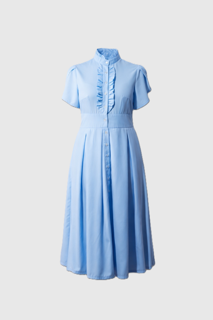 Sky blue midi dress with mother-of-pearl buttons, ruffle front, fitted waist, hidden side-seam pockets, and flowing pleated skirt by BIBI SAKALIEVA