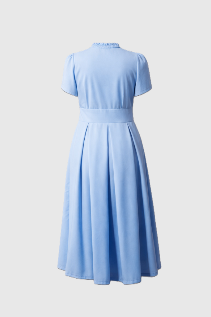 Sky blue midi dress with mother-of-pearl buttons, ruffle front, fitted waist, hidden side-seam pockets, and flowing pleated skirt by BIBI SAKALIEVA