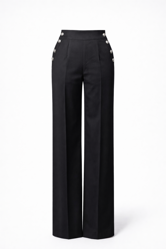 High-Waisted Black Tailored Trousers with Pocket Button Fastening
