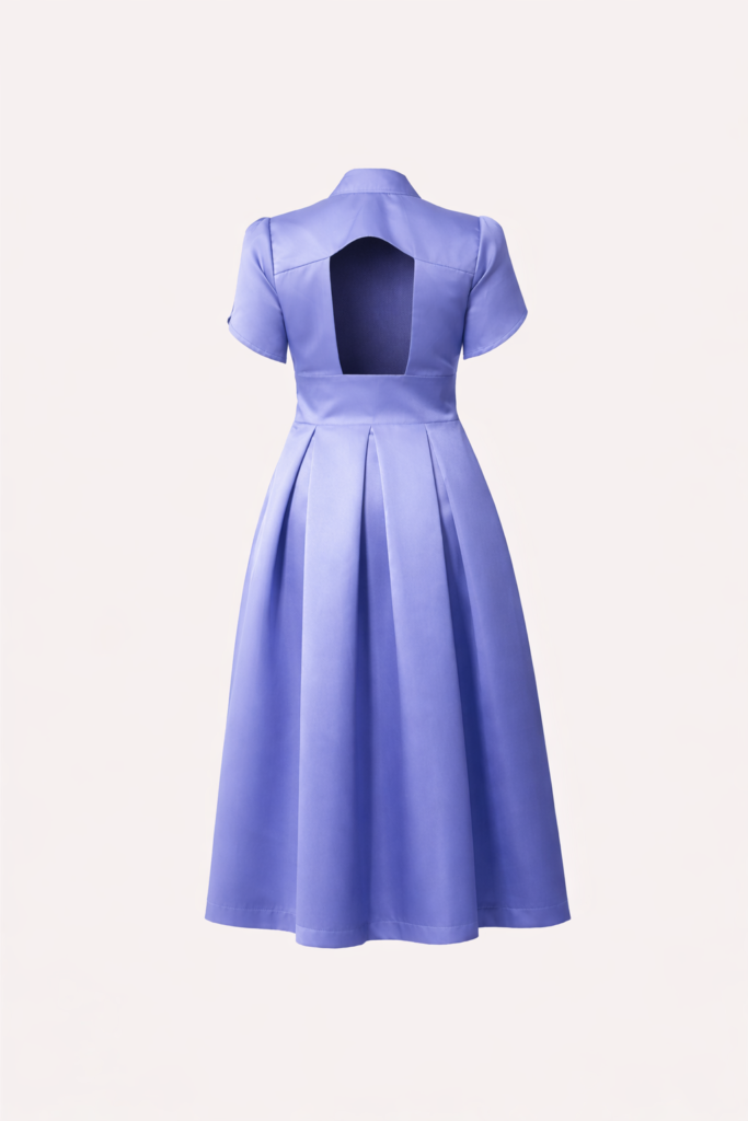 Lavender open back midi dress with detachable jabot by