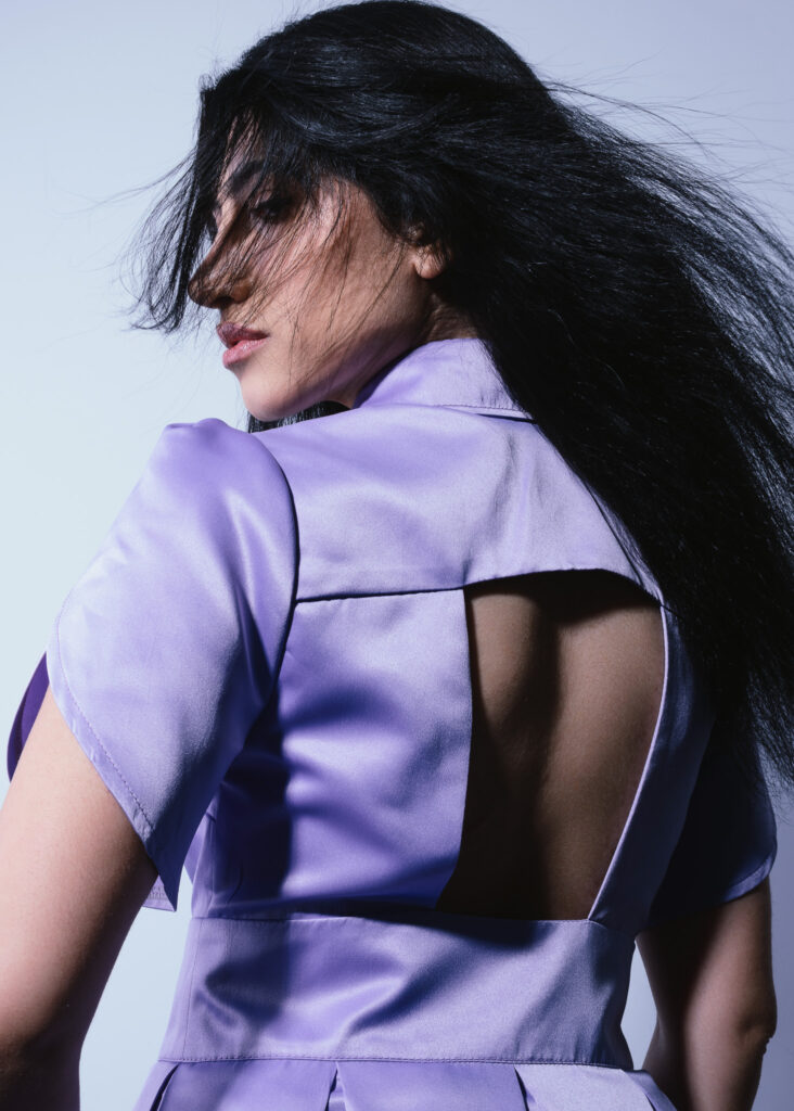 Lavender open back midi dress with detachable jabot by