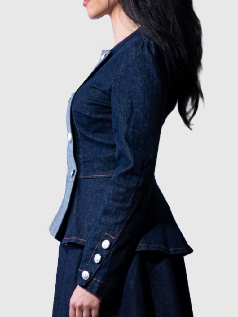 Women’s military-style denim jacket with contrast dark and light denim panels, decorative buttons, and YKK front zip by BIBI SAKALIEVA