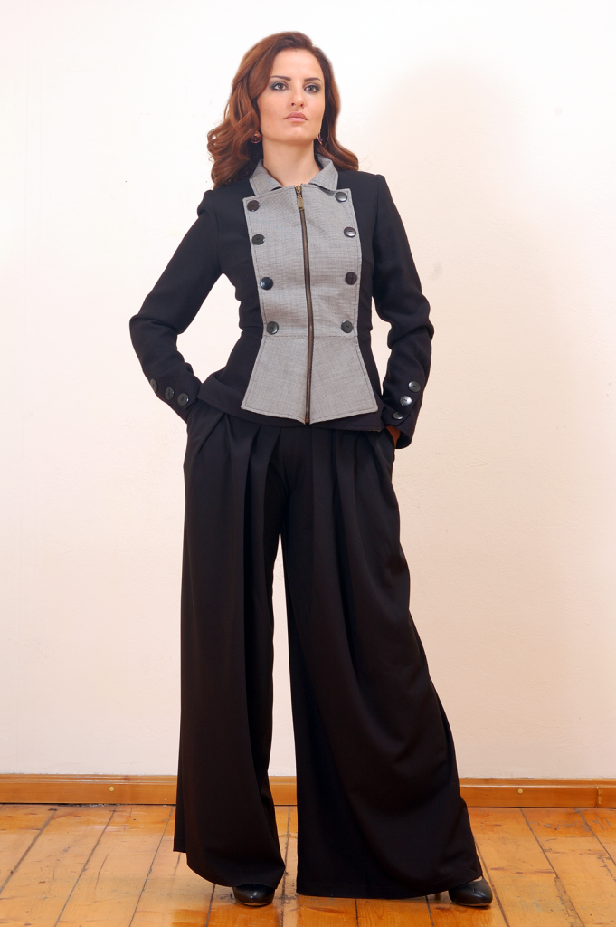 Wool military style jacket for women with peplum hem, contrast micro-check front panel and stand collar by BIBI SAKALIEVA