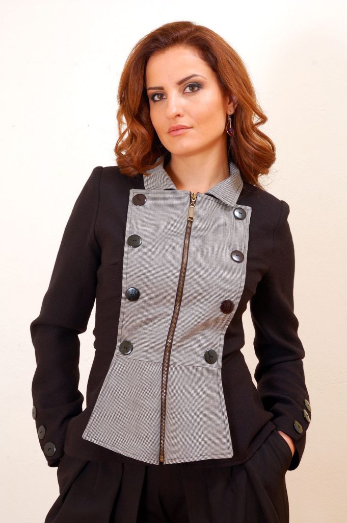 Wool military style jacket for women with peplum hem, contrast micro-check front panel and stand collar by BIBI SAKALIEVA