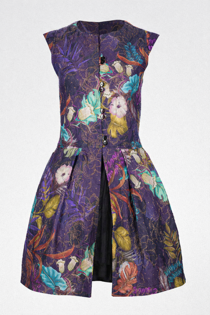 Floral print mini dress with detachable black tulle skirt and front button closure by BIBI SAKALIEVA