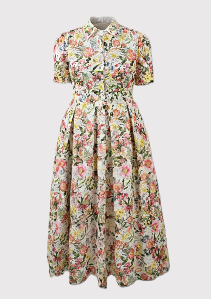 Floral Print Midi Dress with front buttons, belt and pleated skirt