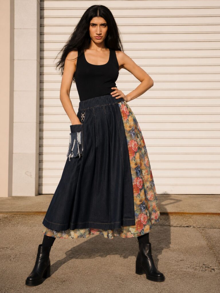 Indigo denim midi skirt with detachable lace skirt and detachable denim pouch by BIBI SAKALIEVA