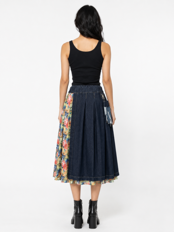 Indigo denim midi skirt with detachable lace skirt and detachable denim pouch by BIBI SAKALIEVA