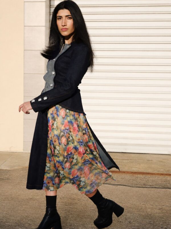 Indigo denim midi skirt with detachable lace skirt and detachable denim pouch by BIBI SAKALIEVA