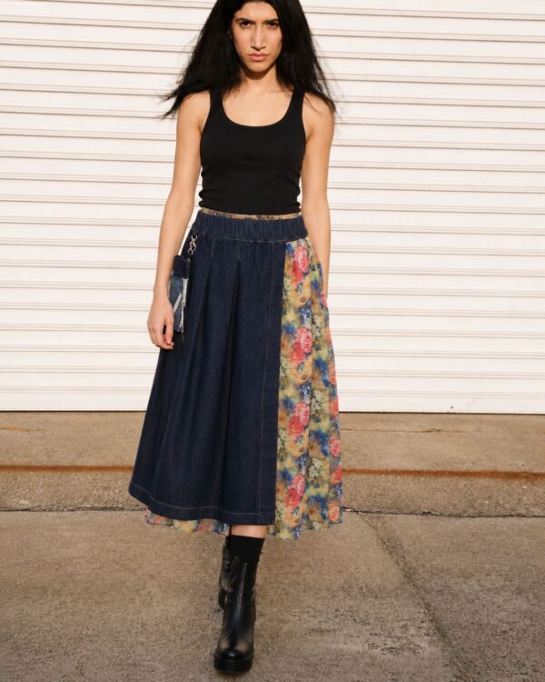 Indigo denim midi skirt with detachable lace skirt and detachable denim pouch by BIBI SAKALIEVA