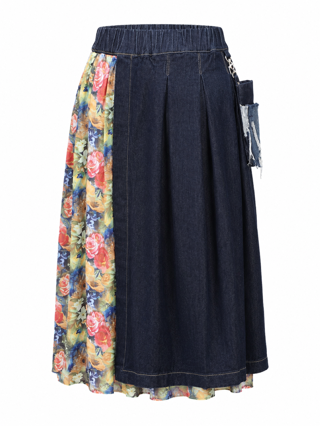 Indigo denim midi skirt with detachable lace skirt and detachable denim pouch by BIBI SAKALIEVA