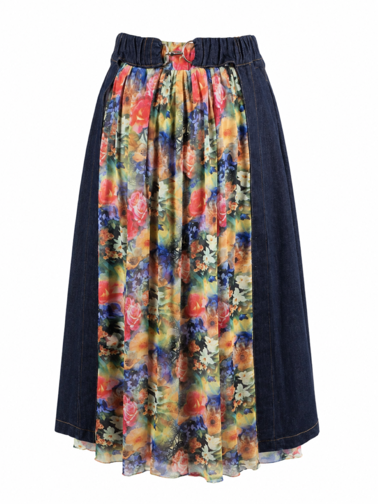Indigo denim midi skirt with detachable lace skirt and detachable denim pouch by BIBI SAKALIEVA