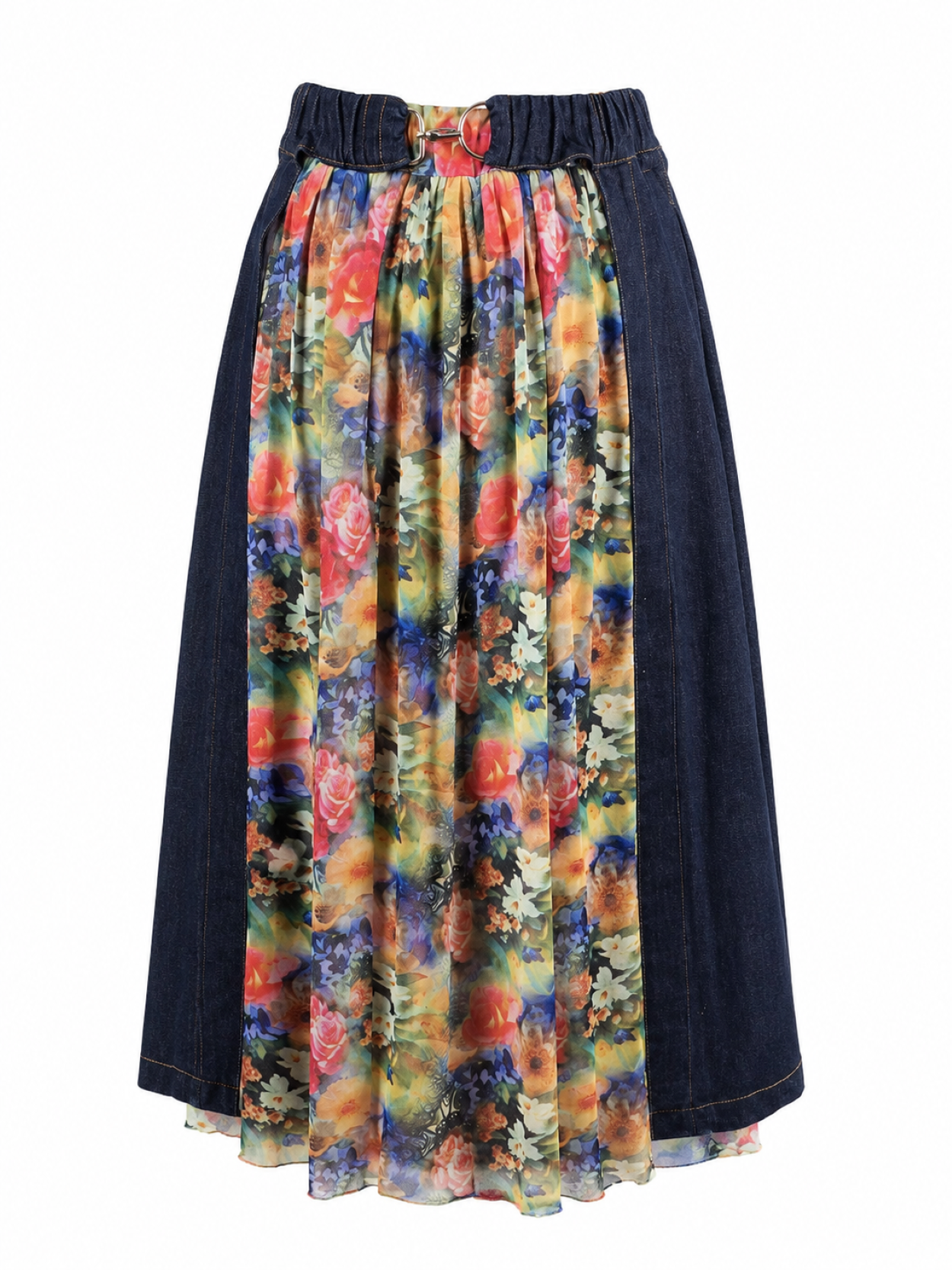 Indigo denim midi skirt with detachable lace skirt and detachable denim pouch by BIBI SAKALIEVA