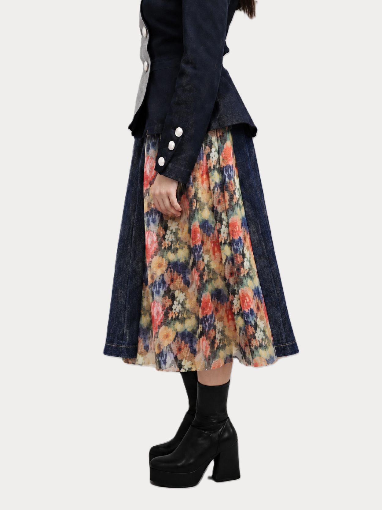 Indigo Denim Midi Skirt with Detachable Lace Skirt and Detachable Denim Pouch - Image 5
