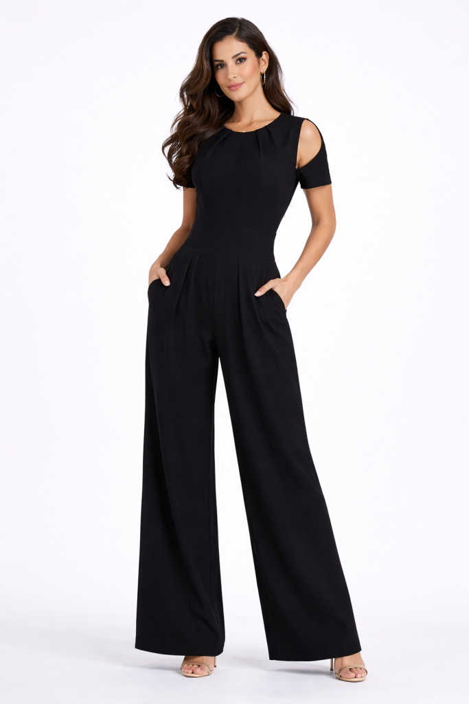 Black Jumpsuit with Shoulder Cut-Outs -outs features a softly pleated neckline