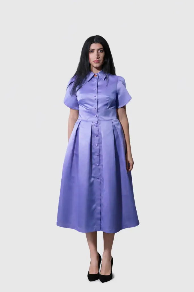 Lavender open back midi dress with detachable jabot by BIBI SAKALIEVA