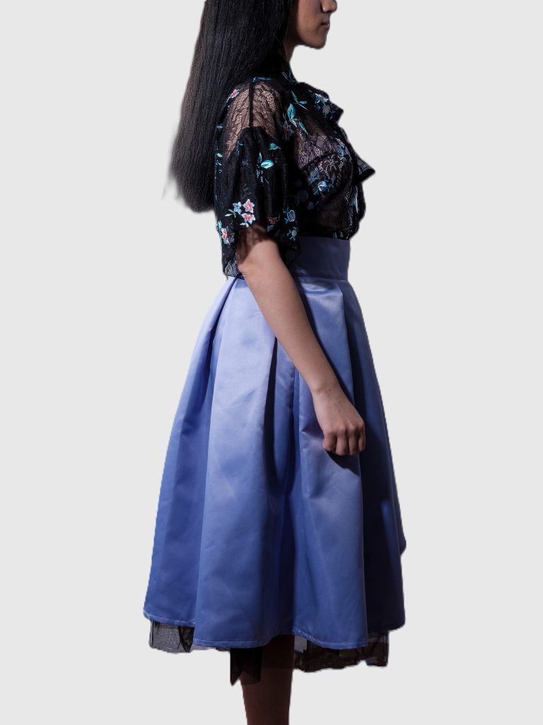 Lavender asymmetrical satin taffeta skirt with black tulle by BIBI SAKALIEVA