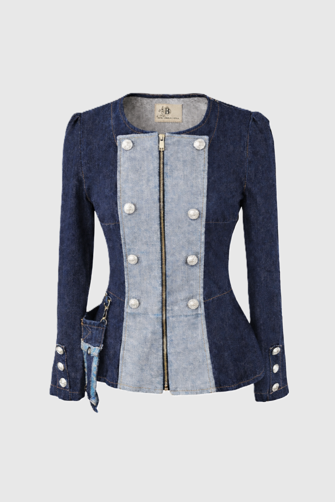 Women’s military-style denim jacket with contrast dark and light denim panels, decorative buttons, and YKK front zip by BIBI SAKALIEVA