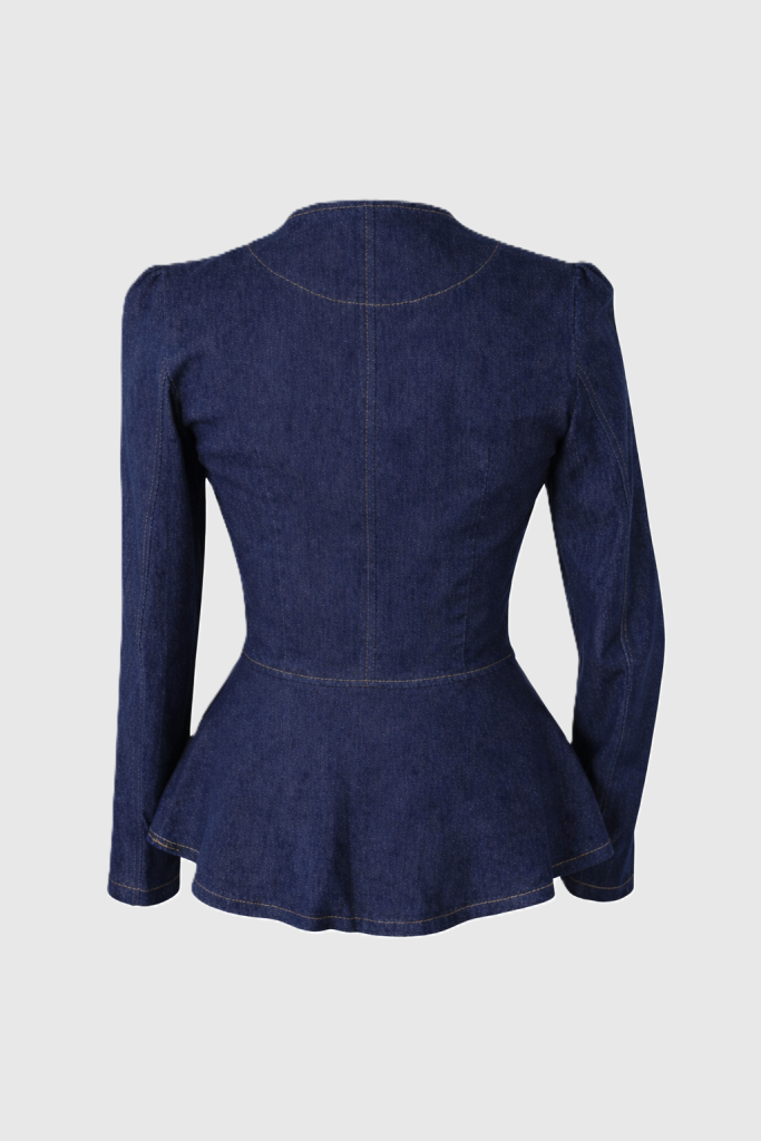 Women’s military-style denim jacket with contrast dark and light denim panels, decorative buttons, and YKK front zip by BIBI SAKALIEVA
