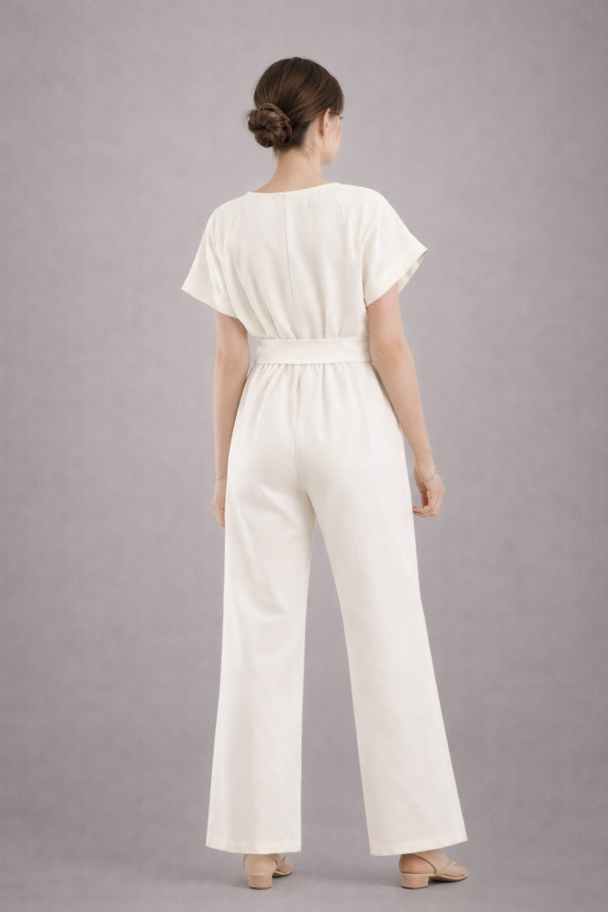 Elegant off-white wide-leg jumpsuit with short sleeves, front zip, and matching waist tie
