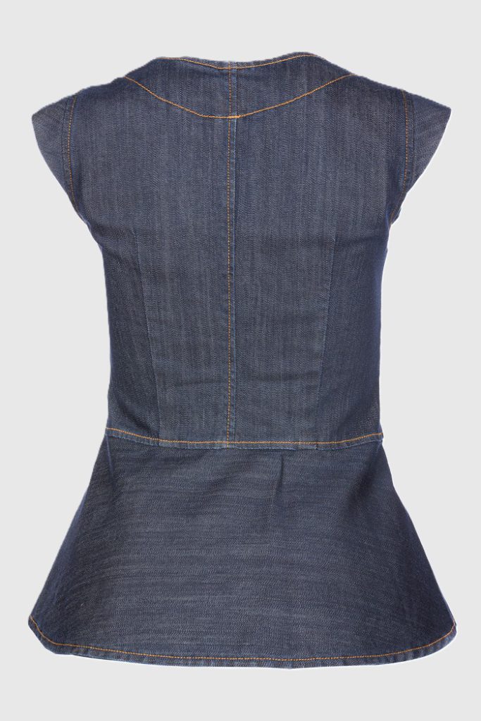 Dark indigo denim peplum vest with front zip, metallic buttons and structured sleeveless silhouette on light grey background