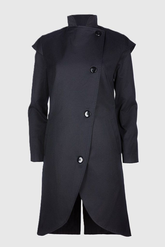 Black asymmetric trench coat for women with high collar and button fastening by BIBI SAKALIEVA
