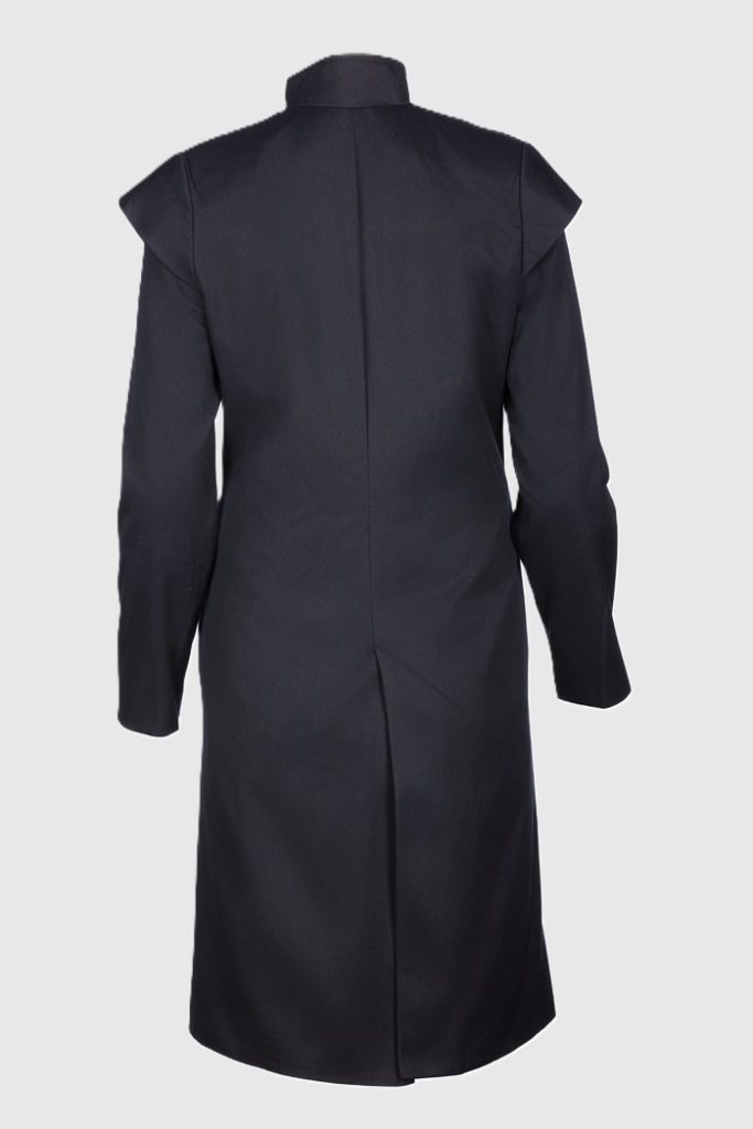 Black asymmetric trench coat for women with high collar and button fastening by BIBI SAKALIEVA