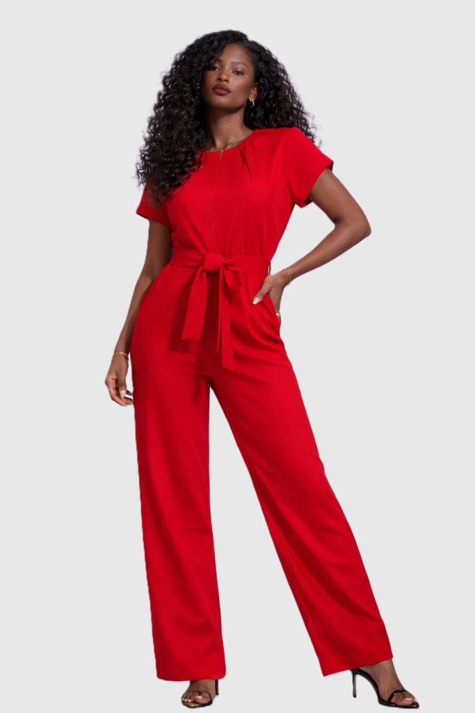 red wide-leg jumpsuit for women features a softly pleated neckline