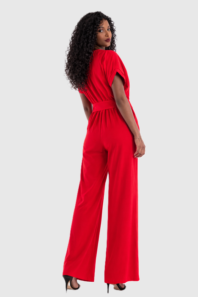 red wide-leg jumpsuit for women features a softly pleated neckline