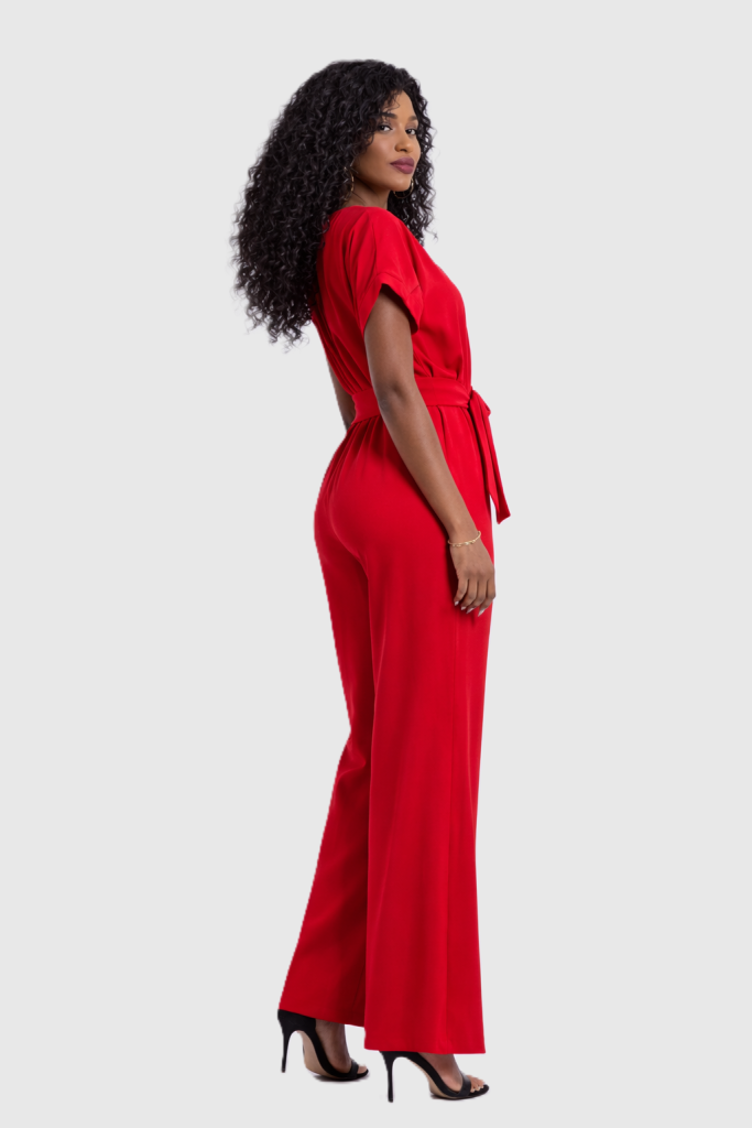 red wide-leg jumpsuit for women features a softly pleated neckline