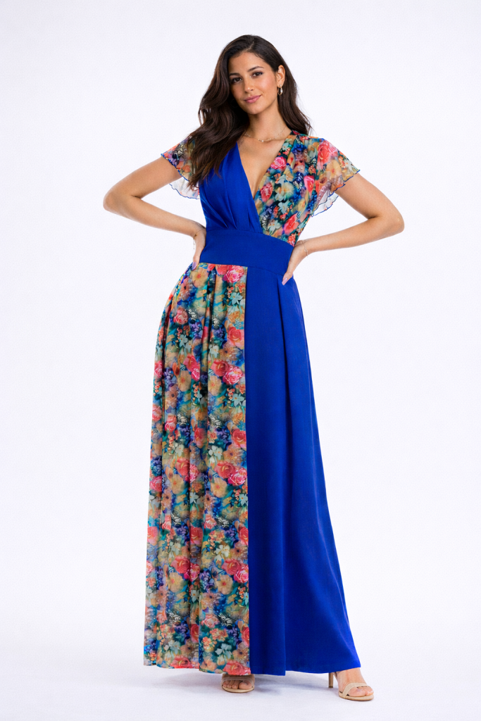 Royal Blue Maxi Dress for Women with Floral Lace Panels