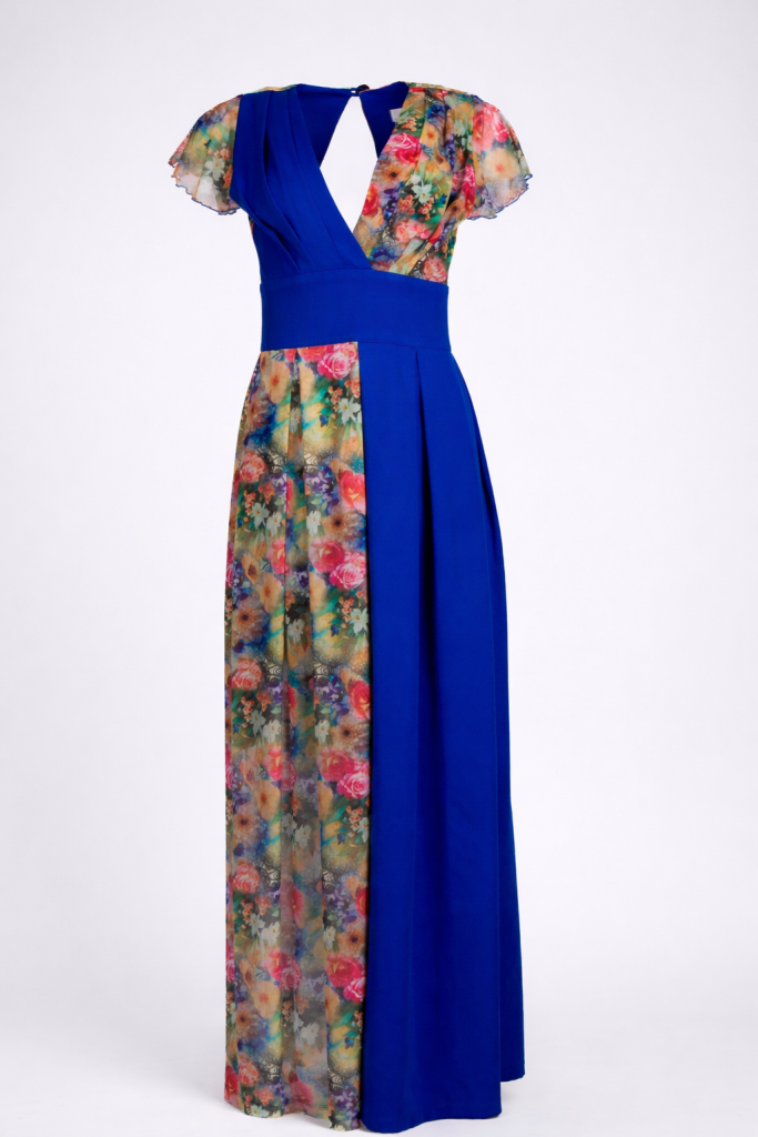 Royal blue maxi dress with floral lace panels and flutter sleeves by BIBI SAKALIEVA