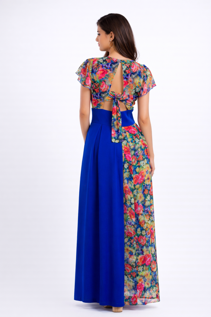 Royal blue maxi dress with floral lace panels and flutter sleeves by BIBI SAKALIEVA