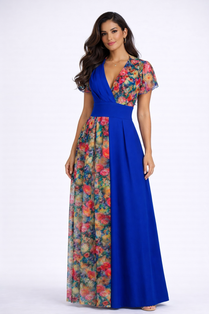 Royal blue maxi dress with floral lace panels and flutter sleeves by BIBI SAKALIEVA