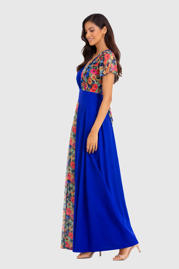 Royal blue maxi dress with floral lace panels and flutter sleeves by BIBI SAKALIEVA