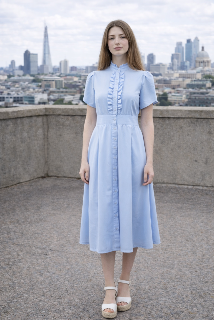 Sky blue midi dress with mother-of-pearl buttons, ruffle front, fitted waist, hidden side-seam pockets, and flowing pleated skirt by BIBI SAKALIEVA