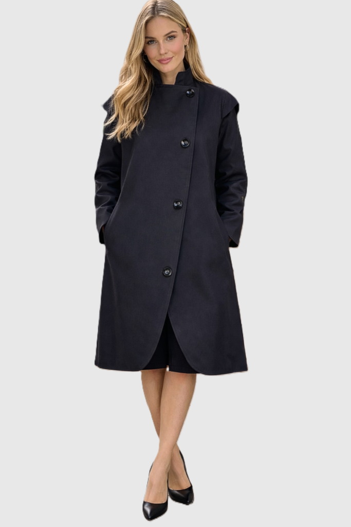 Black asymmetric trench coat for women with high collar and button fastening by BIBI SAKALIEVA