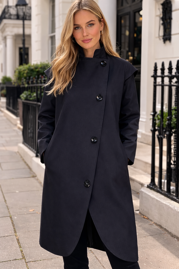 black asymmetrical trench coat women elegant high neck