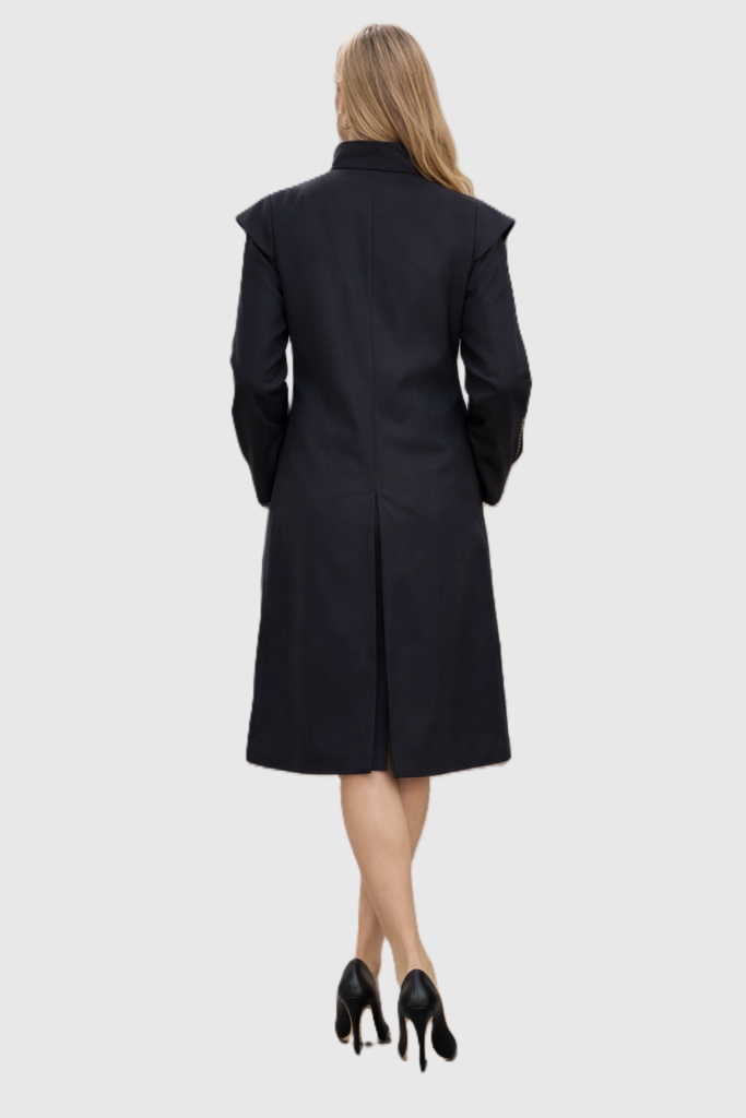 Black asymmetric trench coat for women with high collar and button fastening by BIBI SAKALIEVA