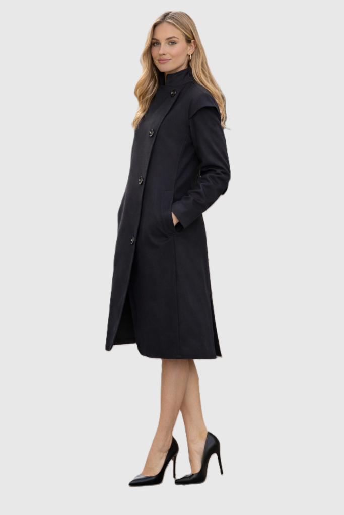 Black asymmetric trench coat for women with high collar and button fastening by BIBI SAKALIEVA