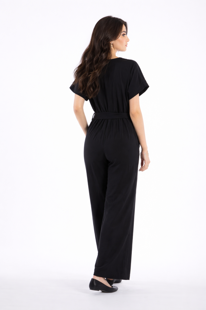 Black wide-leg jumpsuit for women with short sleeves, pleated neckline and detachable waist belt by BIBI SAKALIEVA