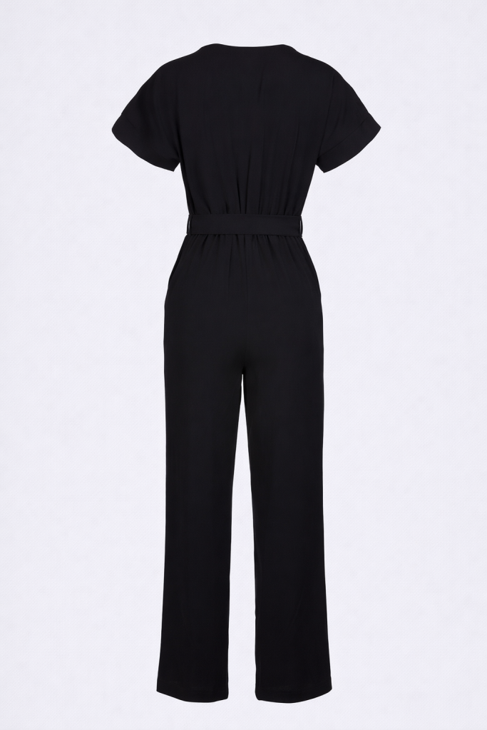 Black wide-leg jumpsuit for women with short sleeves, pleated neckline and detachable waist belt by BIBI SAKALIEVA