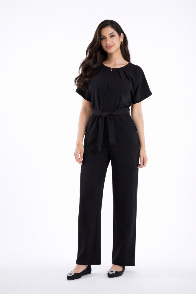 Black wide-leg jumpsuit for women with short sleeves, pleated neckline and detachable waist belt by BIBI SAKALIEVA