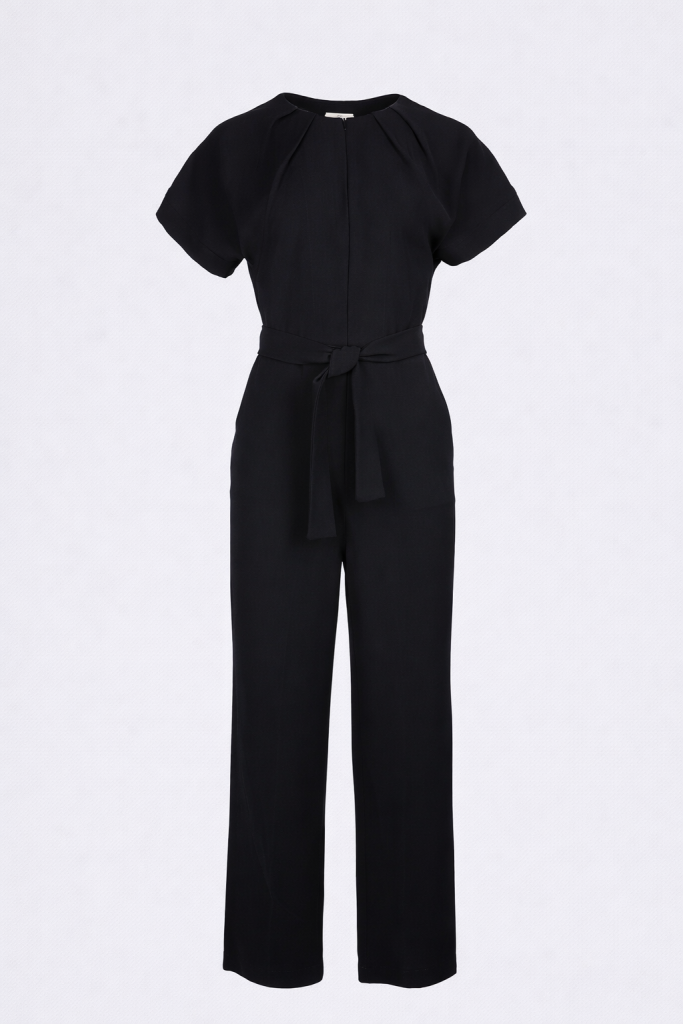 Black wide-leg jumpsuit for women with short sleeves, pleated neckline and detachable waist belt by BIBI SAKALIEVA