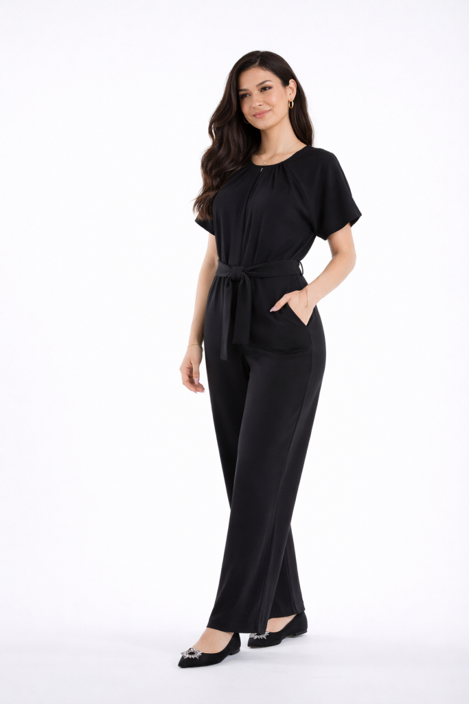 Black wide-leg jumpsuit for women with short sleeves, pleated neckline and detachable waist belt by BIBI SAKALIEVA
