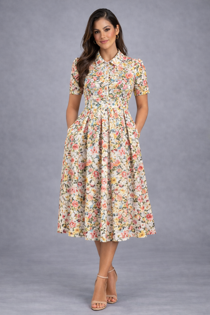 Floral lace midi dress with front buttons, belt and pleated skirt